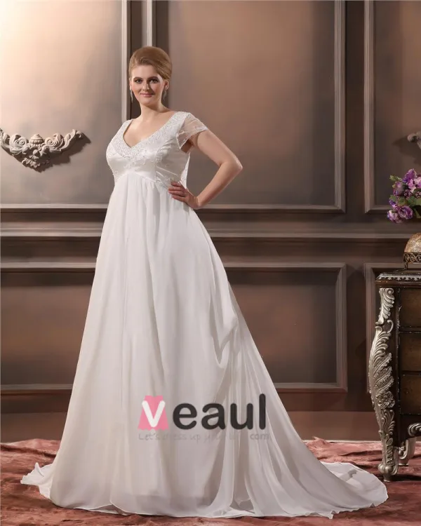 Yarn Beading V Neck Court Plus Size Bridal Gown Wedding Dress