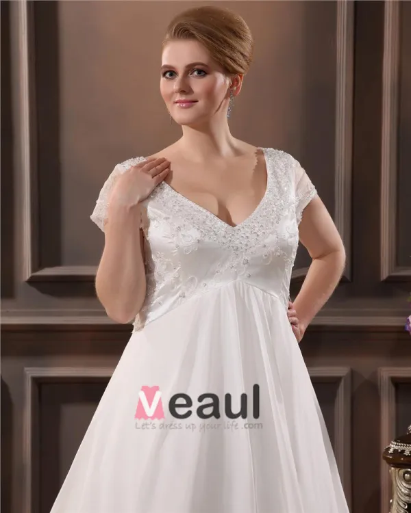 Yarn Beading V Neck Court Plus Size Bridal Gown Wedding Dress