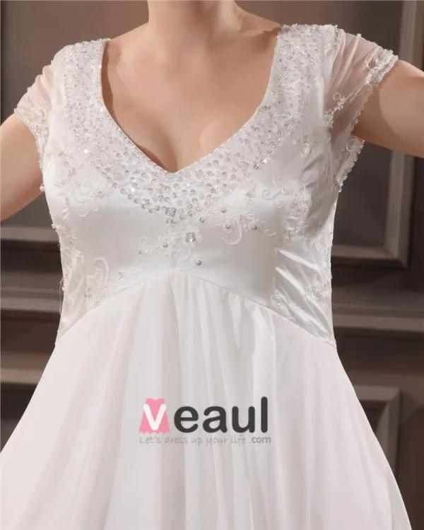 Yarn Beading V Neck Court Plus Size Bridal Gown Wedding Dress