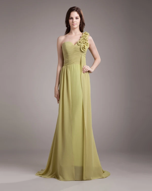 En Skulder Blomst Plissert Gulv Lengde Chiffon Kvinne Brudepikekjoler