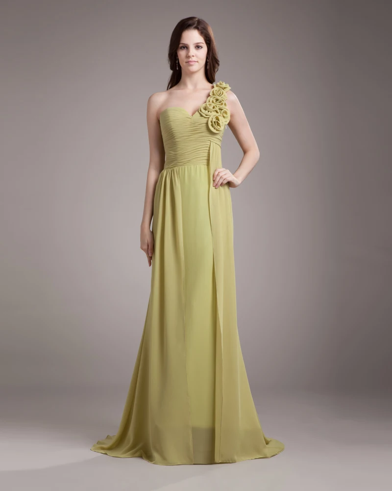 En Skulder Blomst Plissert Gulv Lengde Chiffon Kvinne Brudepikekjoler
