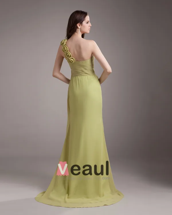 Une Fleur De Longueur De Plancher En Mousseline De Soie Robe De Demoiselle D'honneur Femme Plisse A L'epaule