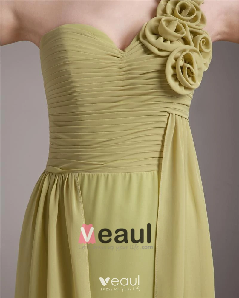 One Shoulder Flower Pleated Floor Length Chiffon Woman Bridesmaid Dress