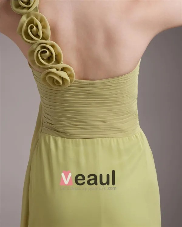 Une Fleur De Longueur De Plancher En Mousseline De Soie Robe De Demoiselle D'honneur Femme Plisse A L'epaule