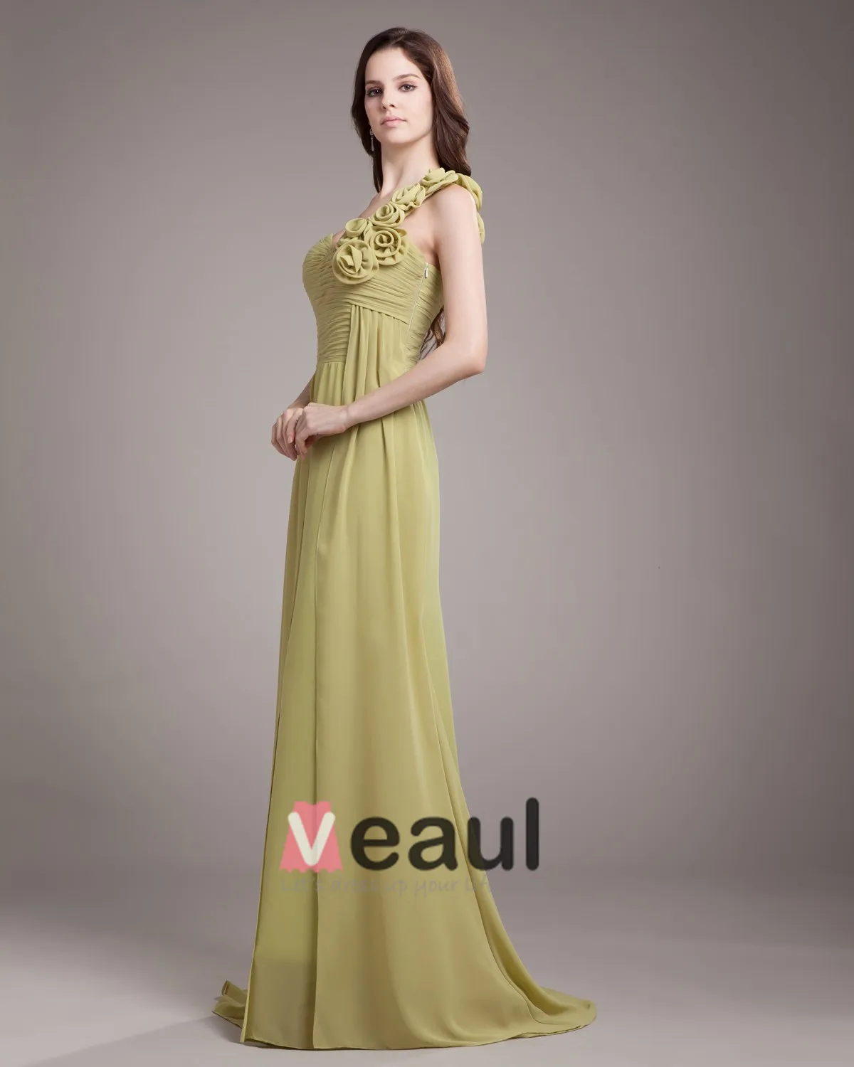 One Shoulder Flower Pleated Floor Length Chiffon Woman Bridesmaid Dress