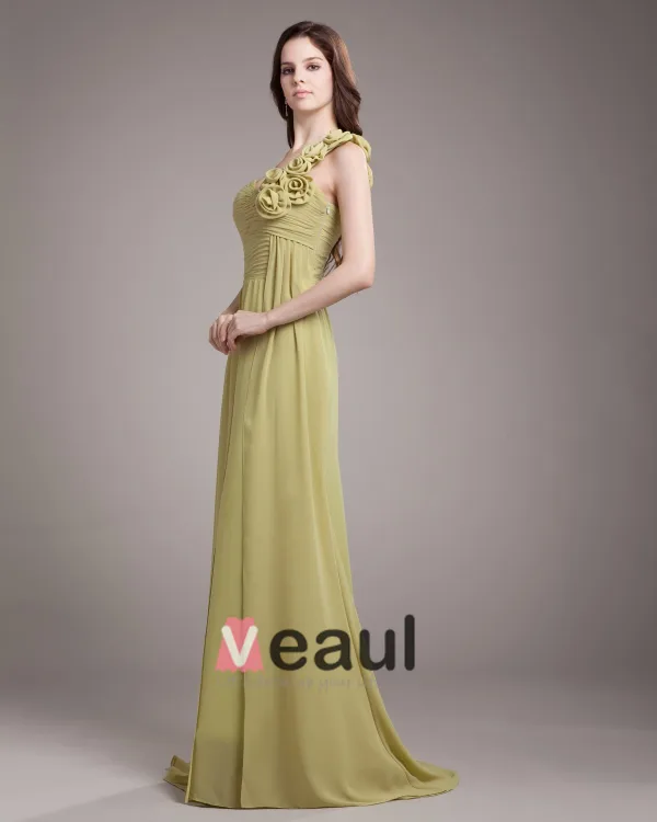 Une Fleur De Longueur De Plancher En Mousseline De Soie Robe De Demoiselle D'honneur Femme Plisse A L'epaule