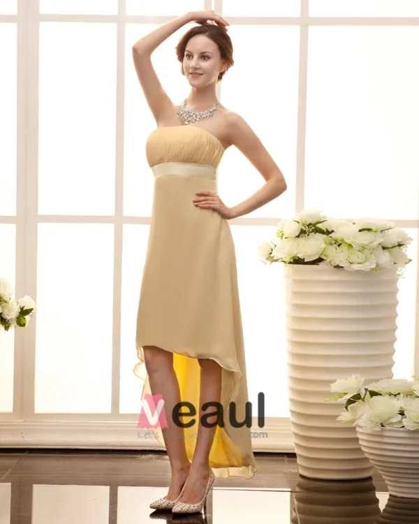 Stylish Strapless Waistband Ankle Length Sateen Chiffon Bridesmaid Dress