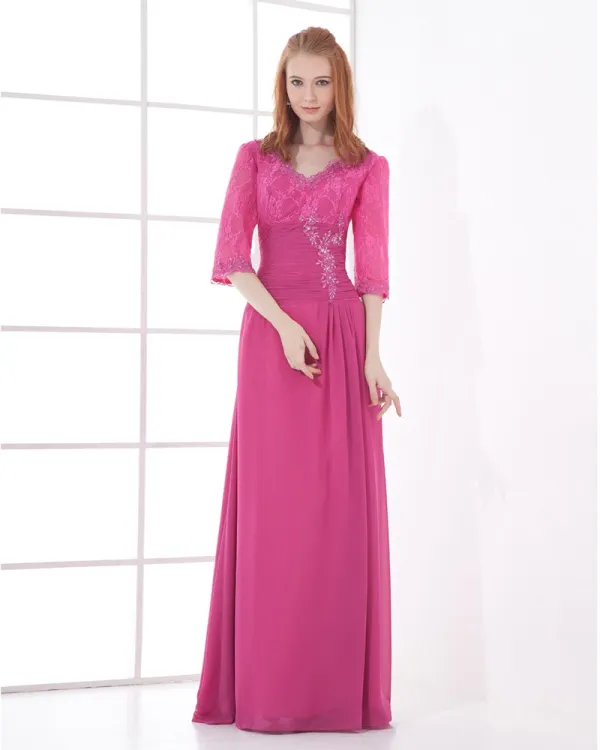 Chiffon V Neck 3/4-Length Sleeve Embroidery Floor Length Mother of the Bride Dress