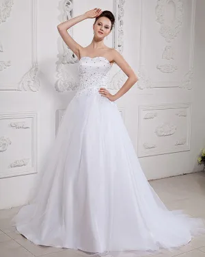 Satin Tulle Beading Chapel Strapless Bridal Ball Gown Wedding Dress