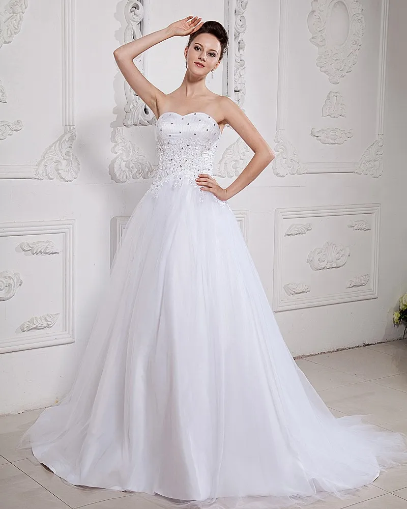 Satin Tyll Beading Kapell Stroppelos Brude Ball Kjole Brudekjoler Bryllupskjoler