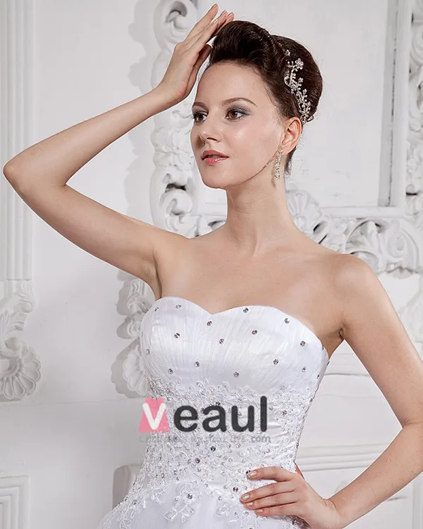 Satin Tulle Beading Chapel Strapless Bridal Ball Gown Wedding Dress