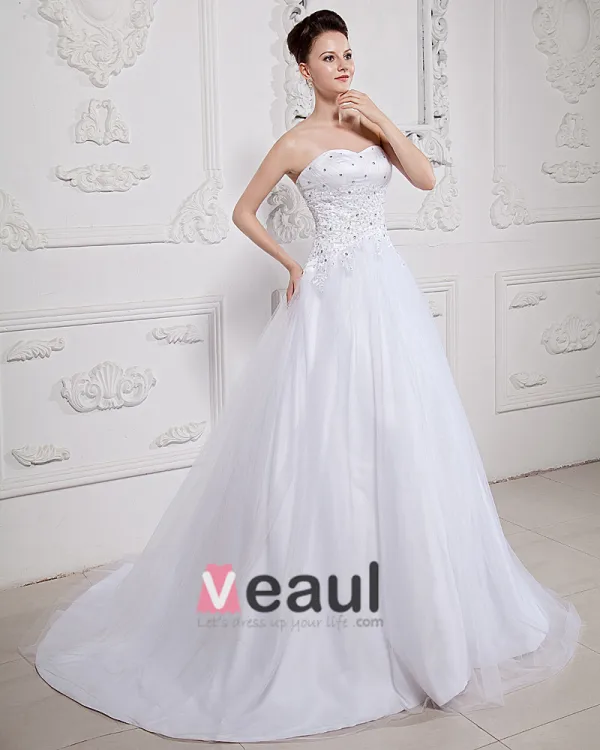Satin Tulle Beading Chapel Strapless Bridal Ball Gown Wedding Dress