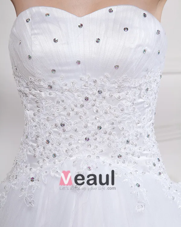 Satin Tulle Beading Chapel Strapless Bridal Ball Gown Wedding Dress