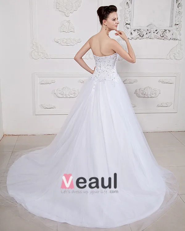 Satin Tulle Beading Chapel Strapless Bridal Ball Gown Wedding Dress