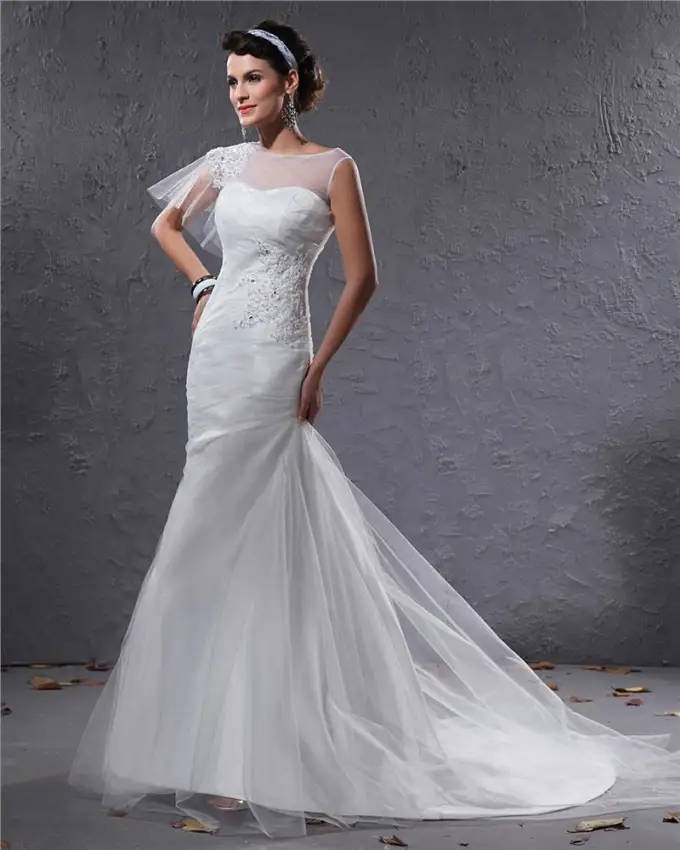 Elegant Tyll Charmeuse Beaded Bateau Gulv Lengde Havfrue Brudekjoler Bryllupskjoler