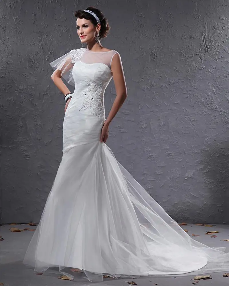 Elegant Tyll Charmeuse Beaded Bateau Gulv Lengde Havfrue Brudekjoler Bryllupskjoler