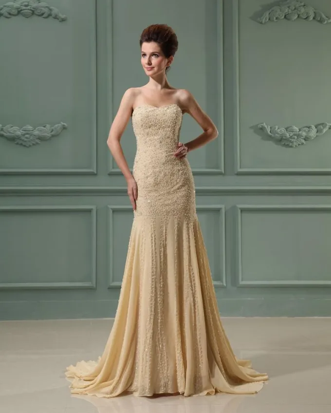 Stroppelos Ermelos Glidelas Gulv Lengde Chiffon Elastisk Silke Som Satin Silke Kvinne Havfrue Brudekjoler Bryllupskjoler