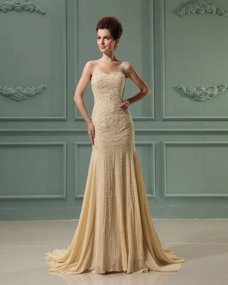 Stroppelos Ermelos Glidelas Gulv Lengde Chiffon Elastisk Silke Som Satin Silke Kvinne Havfrue Brudekjoler Bryllupskjoler