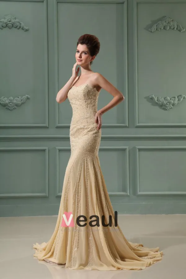 Trägerlosen Ärmellos Reißverschluss Bodenlangen Chiffon Frau Mermaid Brautkleid