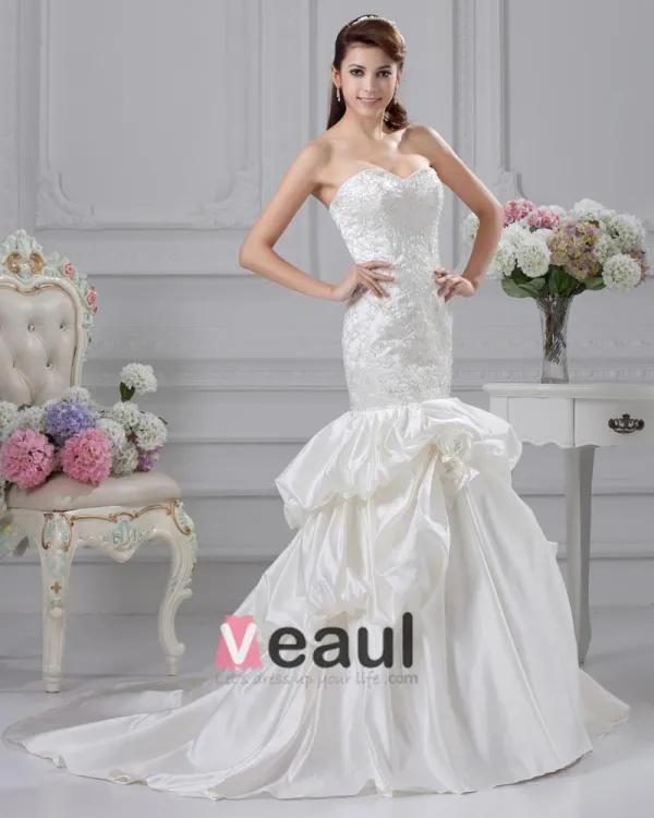Satin Rüschen Applique Schatz Gericht Mermaid Brautkleid Hochzeitskleider