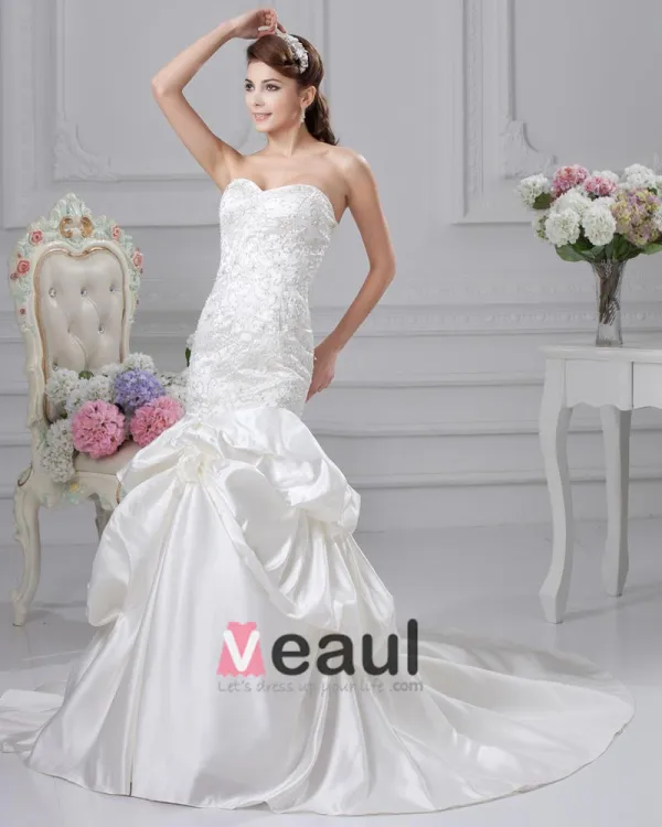 Satin Rüschen Applique Schatz Gericht Mermaid Brautkleid Hochzeitskleider