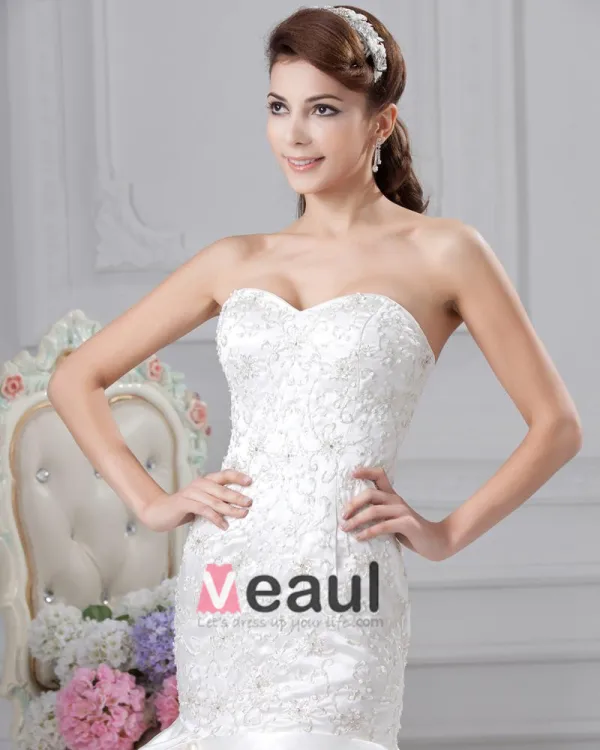 Satin Rüschen Applique Schatz Gericht Mermaid Brautkleid Hochzeitskleider