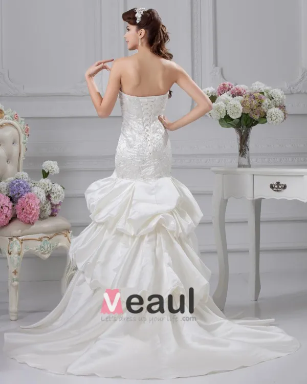 Satin Rüschen Applique Schatz Gericht Mermaid Brautkleid Hochzeitskleider
