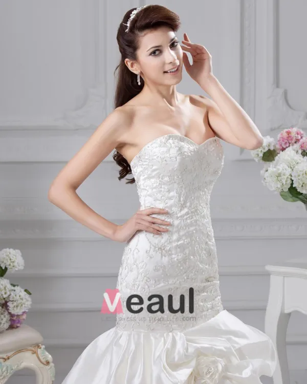 Satin Rüschen Applique Schatz Gericht Mermaid Brautkleid Hochzeitskleider