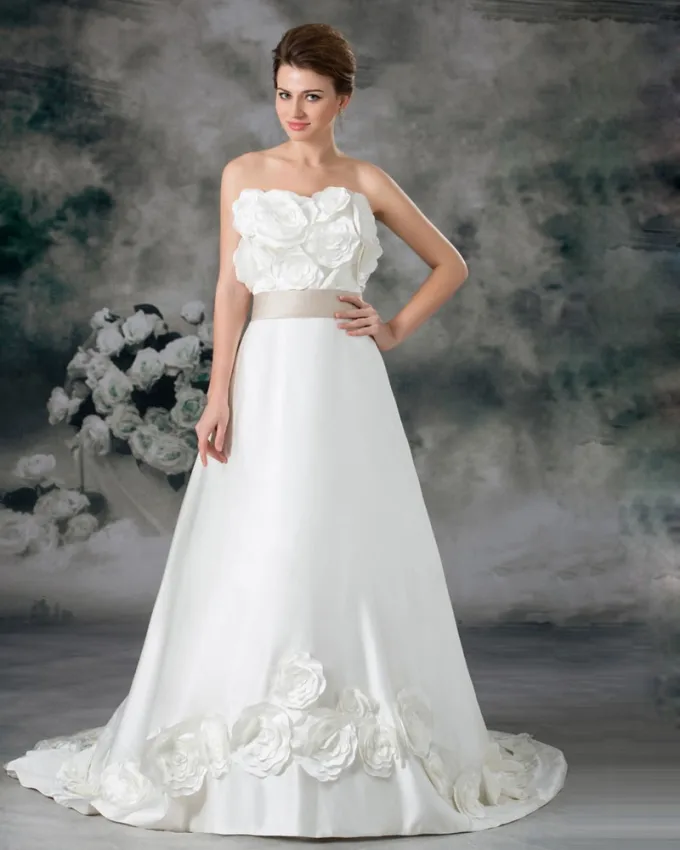 Stroppelos Blomst Gulv Lengde Domstol Tog Satin Imperium Brudekjoler Bryllupskjoler