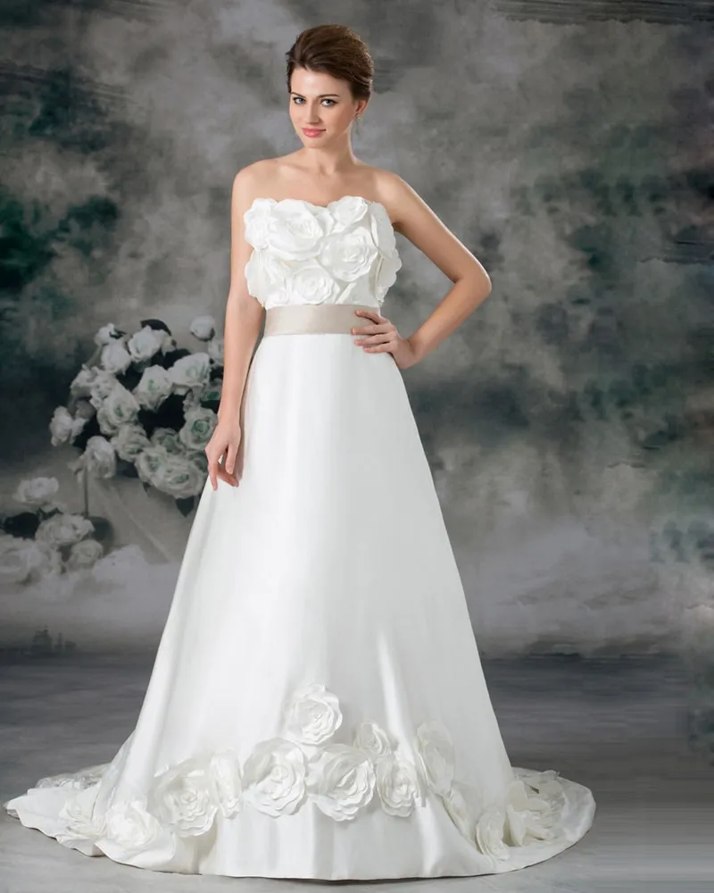 Stroppelos Blomst Gulv Lengde Domstol Tog Satin Imperium Brudekjoler Bryllupskjoler