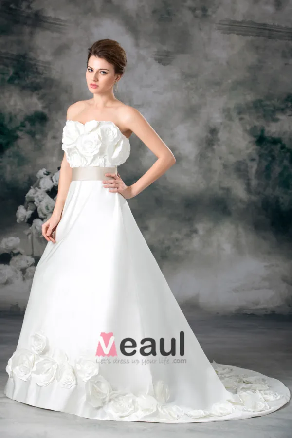 Strapless Flower Floor Length Court Train Satin Empire Wedding Dress