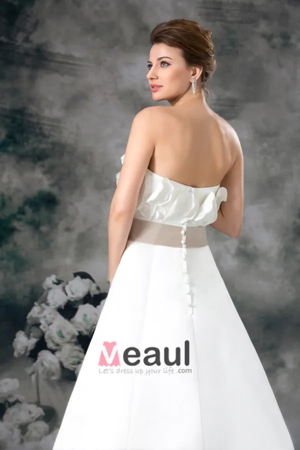 Strapless Flower Floor Length Court Train Satin Empire Wedding Dress