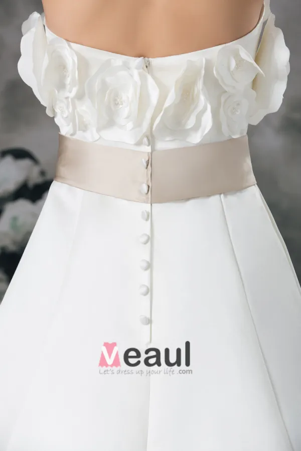 Strapless Flower Floor Length Court Train Satin Empire Wedding Dress