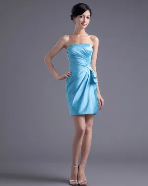 Elegant Thigh Length Strapless Pleated Satin Women Bridesmaid Dress