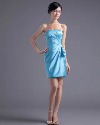 Oberschenkellänge Eleganter Trägerloser Gefalteter Satin Frauen Brautjungfernkleid