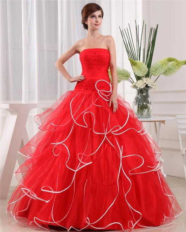 Ball Gown Strapless Zipper Sleeveless Flower Layered Floor Length Organza Charmeuse Woman Quinceanera Prom Dress