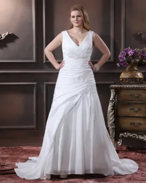 Satin Perles Applique V Balayage De Cou Plus La Taille Robe De Mariage Nuptiale Robe