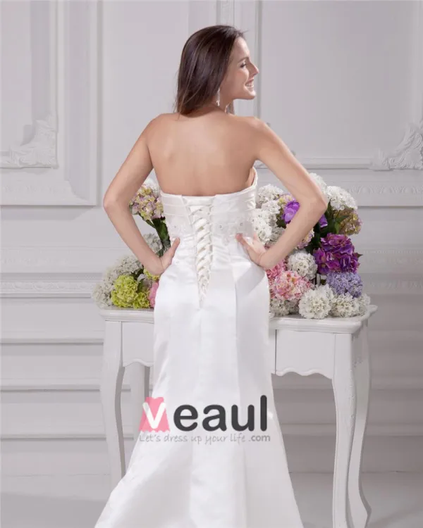 Elegant Sweetheart Beading Ruffles Floor Length Court Train Satin Sheath Wedding Dress