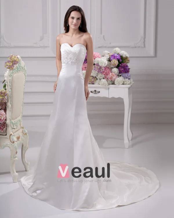 Elegant Sweetheart Beading Ruffles Floor Length Court Train Satin Sheath Wedding Dress