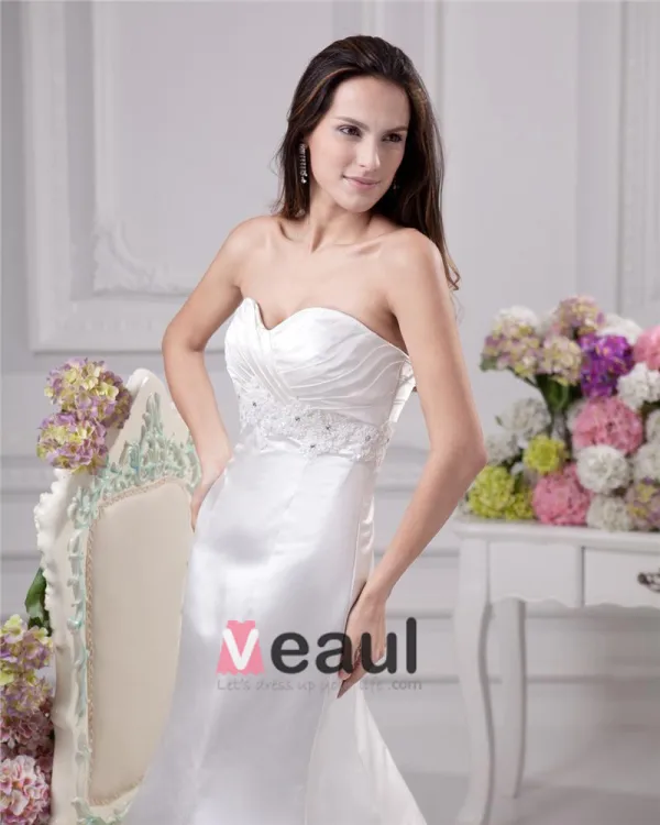 Elegant Sweetheart Beading Ruffles Floor Length Court Train Satin Sheath Wedding Dress
