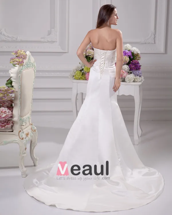 Elegant Sweetheart Beading Ruffles Floor Length Court Train Satin Sheath Wedding Dress