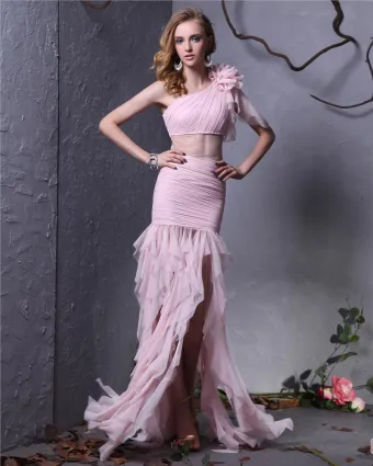 Elegant Yarn Ruffle Pleated Flower Sloping Asymmetrical Length Women Prom Dress