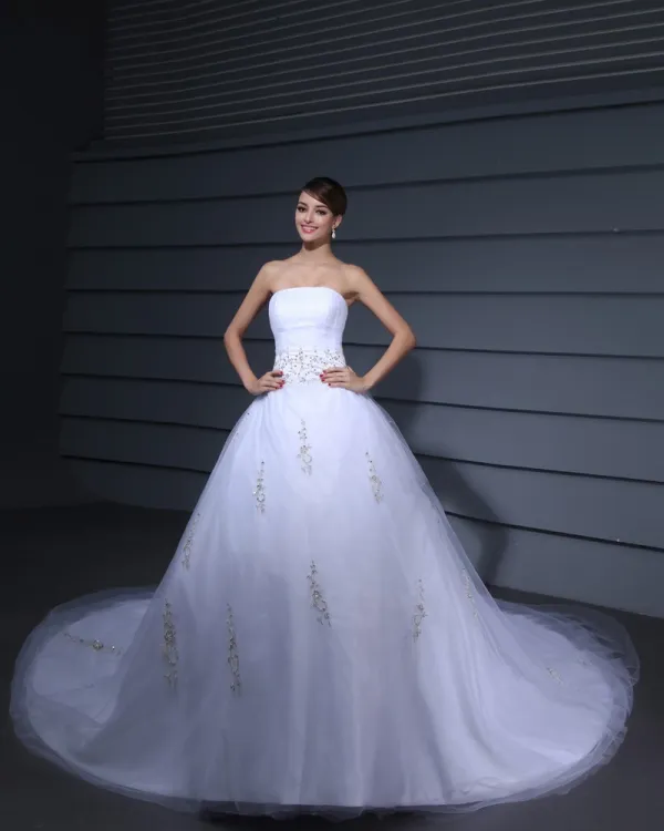 Satin Gauze Embroidered Beaded Court Bridal Ball Gown Wedding Dress