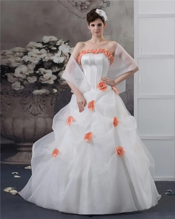Ball Gown Satin Organza Flower Strapless Floor Length Quinceanera Prom Dress