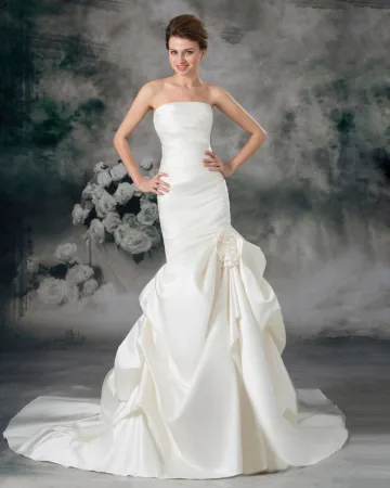 Satin A Volants Fleur De Train De Cour De Robe De Mariée Fourreau Bustier
