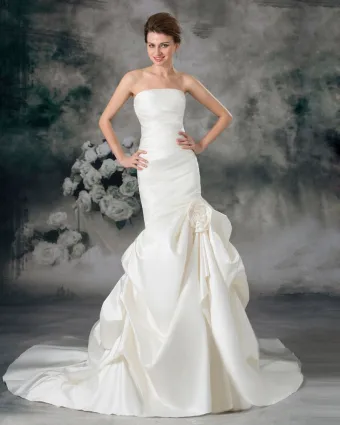 Satin Ruffle Flower Strapless Court Train Sheath Wedding Dress