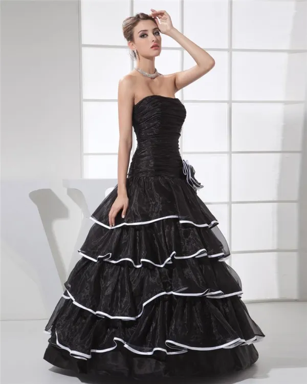 Ball Gown Strapless Pleated Layered Flower Floor Length Organza Silk Charmeuse Woman Quinceanera Prom Dress