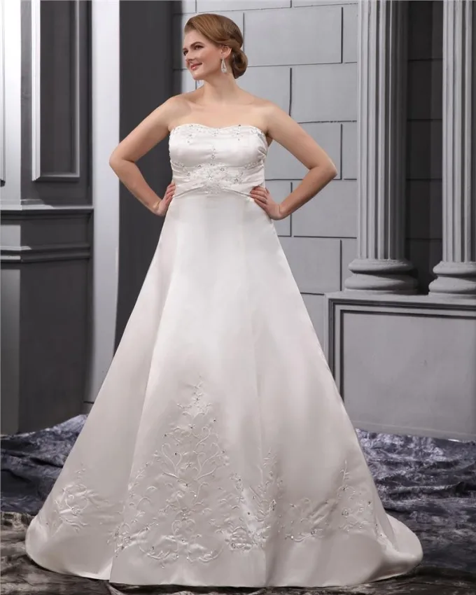 Elegant Stroppelos Gulv Lengde Satin Embrpoidery Domstol Pluss Storrelsen Brude Brudekjoler Bryllupskjoler