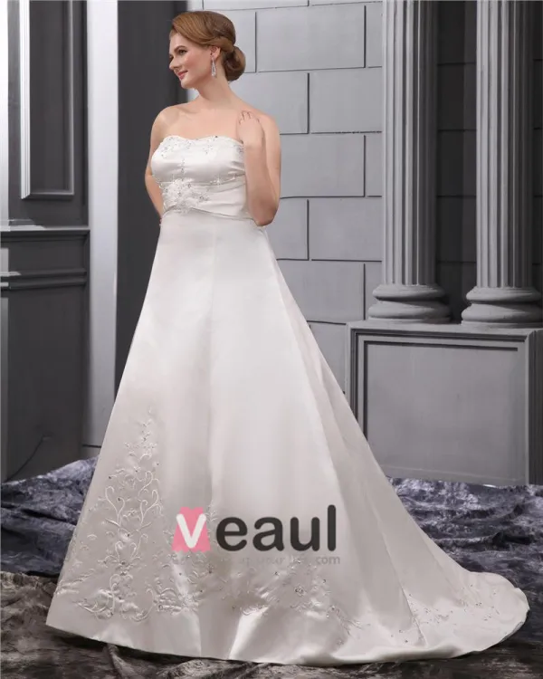 Elegant Strapless Floor Length Satin Embrpoidery Court Plus Size Bridal Wedding Dresses