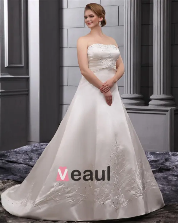 Elegant Strapless Floor Length Satin Embrpoidery Court Plus Size Bridal Wedding Dresses
